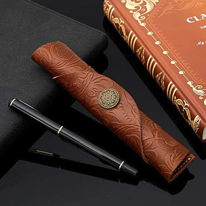 Zonon 2 Pieces Vintage Handmade Leather Pen Case Carved Roll Leather