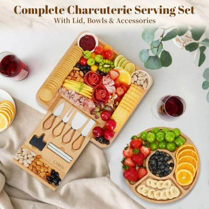 CAWIU Bamboo Charcuterie Board Set with Lid, Drawer and Fruit Tray