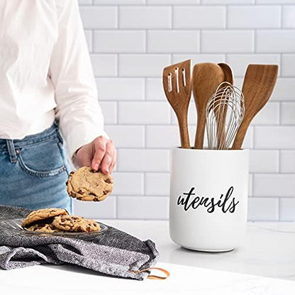 STYLED SETTINGS White Utensil Holder for Countertop, White & Silver