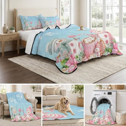 Christmas Quilt Set Twin Size 3 Pieces Quilted Bedspread Soft, Pink