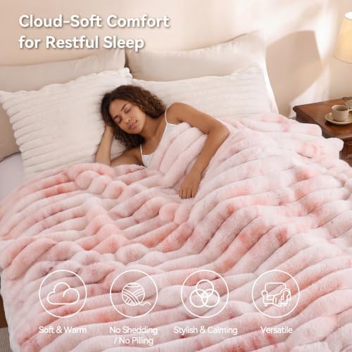 Smoofy Tie dye Pink Fluffy Faux Rabbit Fur Striped Blanket 60"x80"