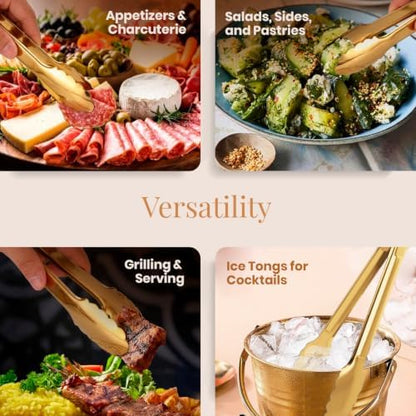 Homesphere Stainless Steel Gold Serving Tongs for Food, 9.5 Inch, Pack