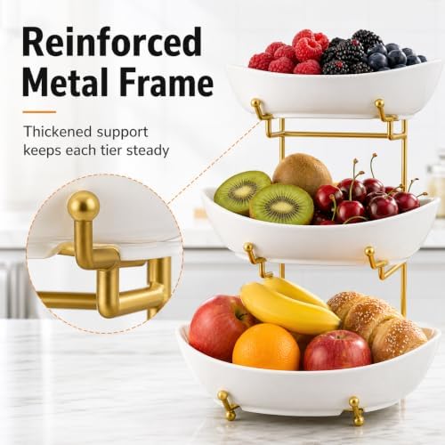 3 Tier Fruit Basket for Kitchen Counter, Large Ceramic Fruit Bowl &