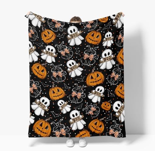 Horaldaily Halloween Black Pumpkin Ghost Cat Flannel Throw Blanket
