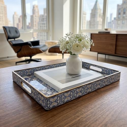 Boho Decorative Tray, Modern Blue Serving Tray with Handles, Ottoman