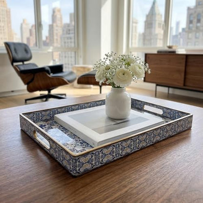 Boho Decorative Tray, Modern Blue Serving Tray with Handles, Ottoman