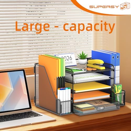 SUPEASY Mesh Desk Organizer with File Holder, 5-Tier Paper Letter Tray
