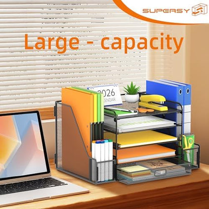 SUPEASY Mesh Desk Organizer with File Holder, 5-Tier Paper Letter Tray