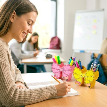 WATINC Bow Pencil and Pen Holder for Desk, 2 Pink Yellow Stationery