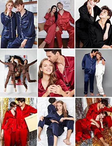 Ekouaer Couples Matching Pajamas Silk Long Sleeve Sleepwear Satin Pjs