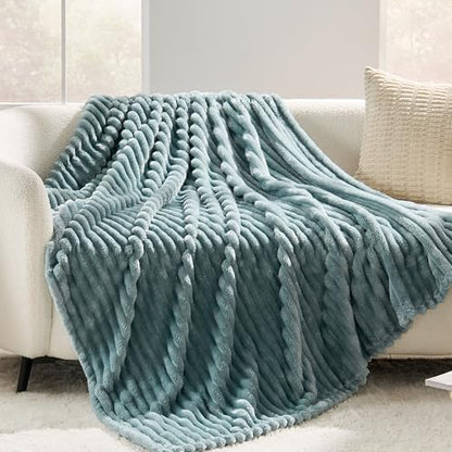330GSM Ribbed Fleece Throw Blanket for Couch, Dusty Blue, 50"x60"