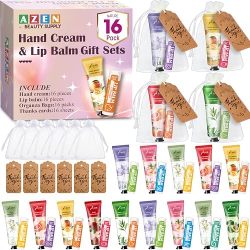 AZEN 16 Sets Bulk Gifts, Hand Cream and Lip Balm Bulk Set with Organza