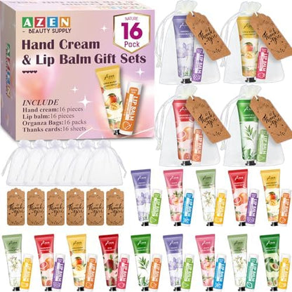 AZEN 16 Sets Bulk Gifts, Hand Cream and Lip Balm Bulk Set with Organza