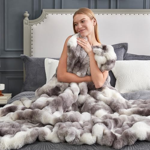 Cozy Bliss Faux Fur Throw Blanket for Couch, Fuzzy Soft Plush Thick