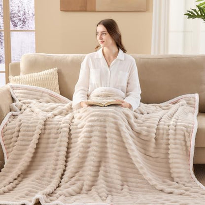 Flannel Throw Blanket, Soft Plush for Couch Bed Beige 40x50 in