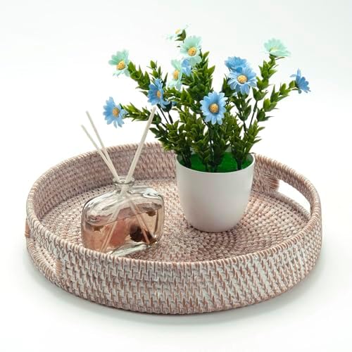 11.8" Round Rattan Tray, Hand Woven Serving Tray with Handles, Wicker