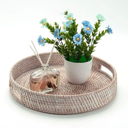 11.8" Round Rattan Tray, Hand Woven Serving Tray with Handles, Wicker