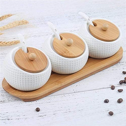 Porcelain Condiment Jar Spice Container with Lids - Bamboo Cap Holder