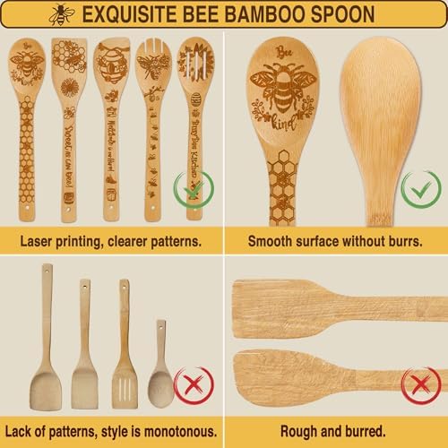 6 PCS Bee Wooden Cooking Bamboo Spoons Set,Bumble Bee Kitchen Utensil