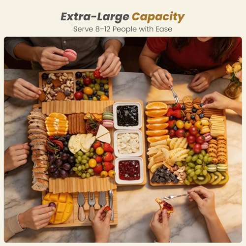 Large Bamboo Charcuterie Board, Double Pull-Out Trays Set, Natural