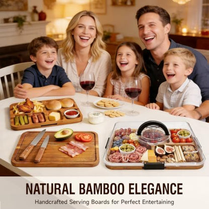 Renmxj Charcuterie Board with Lid, Carbonized Bamboo, Knives Set and