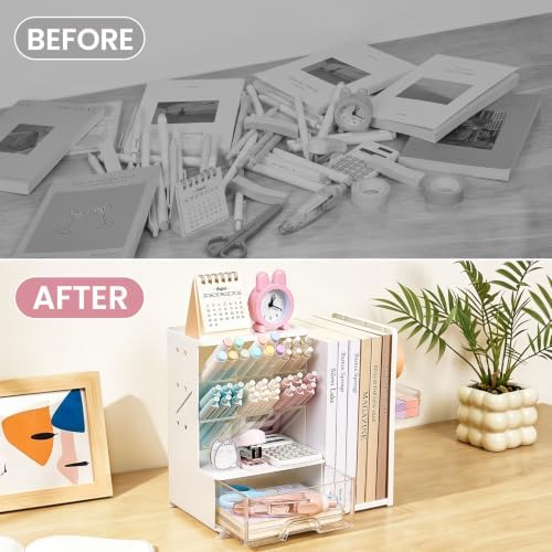 Sooez Desk Organizer with Bookends, Pegboard & Drawer, Pen & Pencil