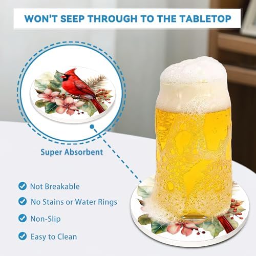 Cardinal Coasters Set of 4, Absorbent Ceramic Stone Coasters with Cork