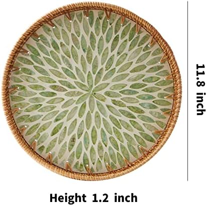 Round Rattan Tray with Mother of Pearl Inlay, Rattan Serving Tray with
