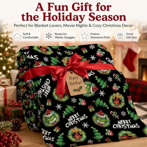 Holiday Character Christmas Throw Blanket, 50x60in Soft Flannel Green