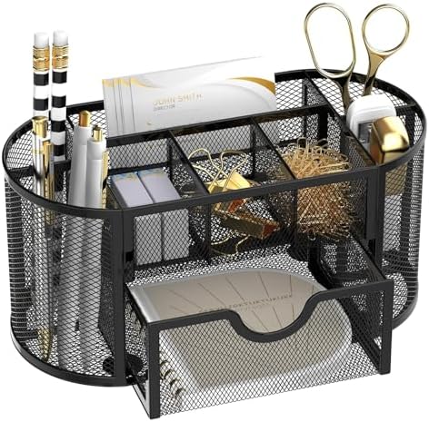 Mesh Desk Organizer with Drawer, 9-Compartment Pen Holder for Desk