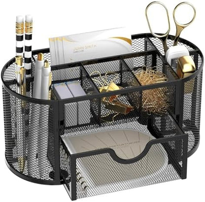 Mesh Desk Organizer with Drawer, 9-Compartment Pen Holder for Desk