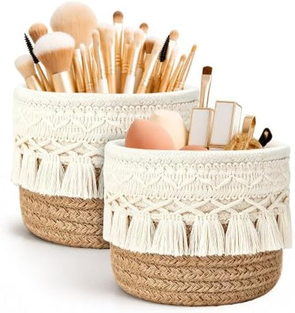 2Pcs Boho Macrame Cotton Woven Storage Baskets 3.93 Inch Foldable Mini