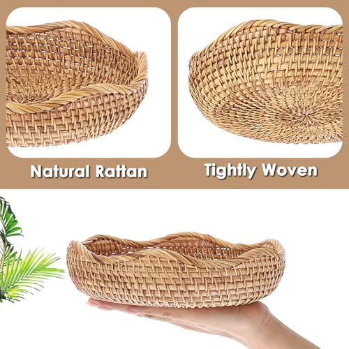 Hipiwe Natural Rattan Tray 8.5" Wicker Key Basket Bowl for Entryway