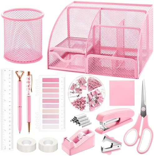 Fayoo 11 Pcs Pink Office Supplies Set Mesh Desk Organizer Accessories