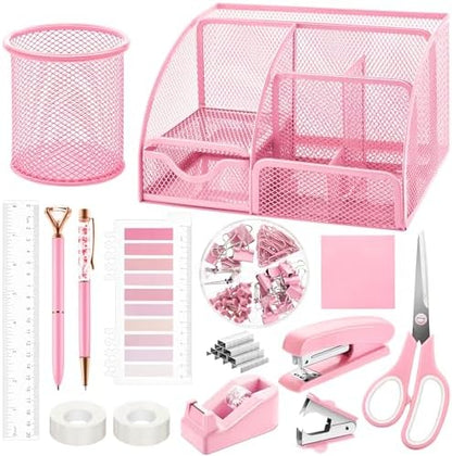 Fayoo 11 Pcs Pink Office Supplies Set Mesh Desk Organizer Accessories