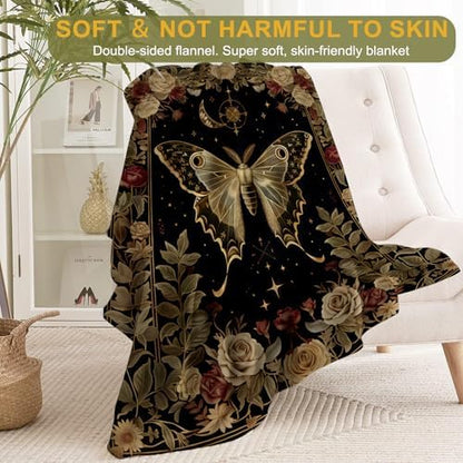 Gothic Moth and Rose Flannel Blanket - Mystical with Lunar Moon