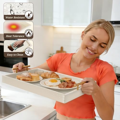 SXNOWS Faux Leather Serving Tray with Gold Handles, 17x12 in