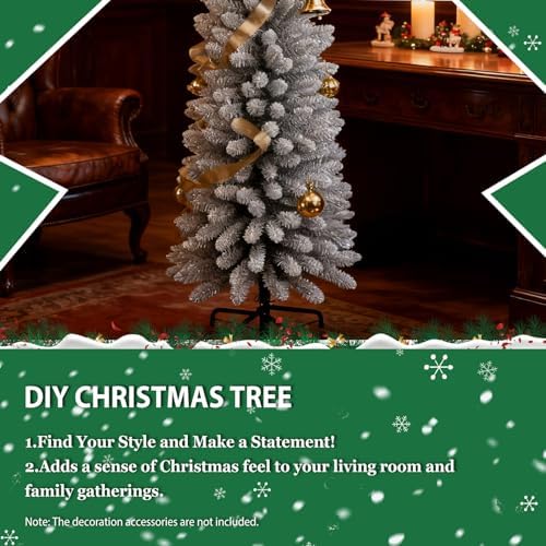 LAMPHOME 7FT Flocked PVC Pencil Tree - 469 Slim Tips, Wrap Design