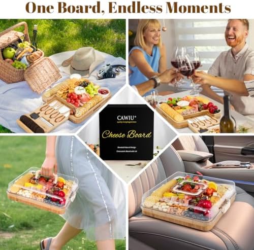 CAWIU Bamboo Charcuterie Board Set with Lid, Drawer and Fruit Tray