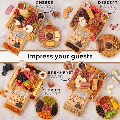 Bamboo Charcuterie Boards Gift Set - Meat and Cheese Tray with