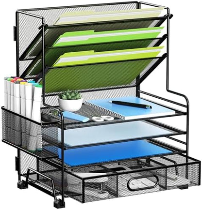MINDEPOT 4-Tier Paper Organizer + 3-Pocket File Holder + Drawer + Pen
