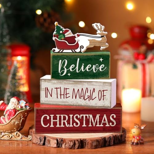 Lineshading 4 Pcs Christmas Table Decorations Wooden Stacked Block