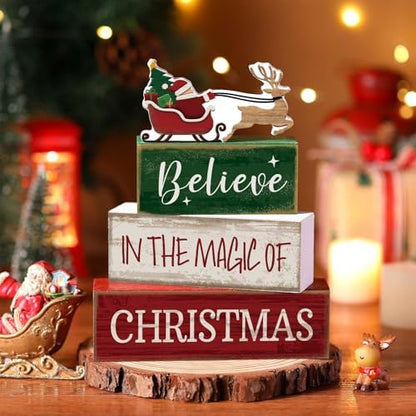 Lineshading 4 Pcs Christmas Table Decorations Wooden Stacked Block