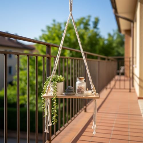 AVOIRR Boho Hanging Wall Shelf – Minimalist Floating Plant Shelf with