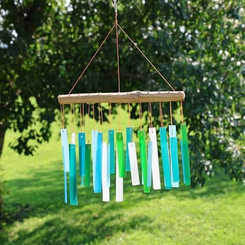 Ocean Blue Sea Glass Driftwood Wind Chime, Handcrafted Coastal