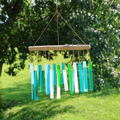 Ocean Blue Sea Glass Driftwood Wind Chime, Handcrafted Coastal