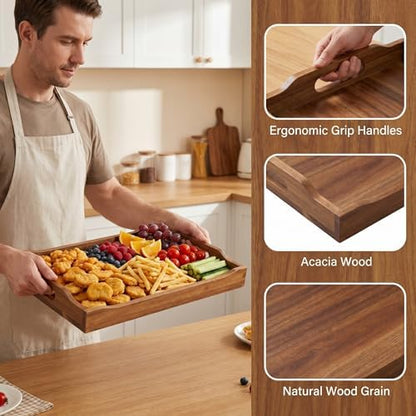Acacia Wood Serving Tray Set of 2 with Handles for Ottoman Coffee