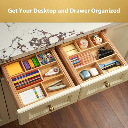 Umilife Bamboo Desk Drawer Organizer, Wood Office Junk Tray, 12"x12"