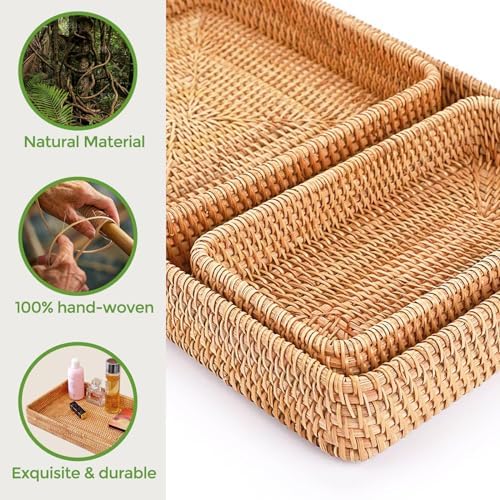 Rattan Serving Tray,Rectangle Wicker Storage Basket Set of 3 for