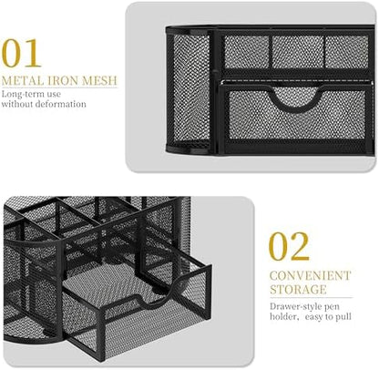 Mesh Desk Organizer with Drawer, 9-Compartment Pen Holder for Desk